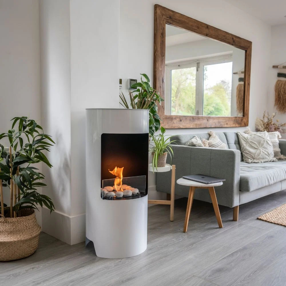 White bioethanol fireplace in a modern living room