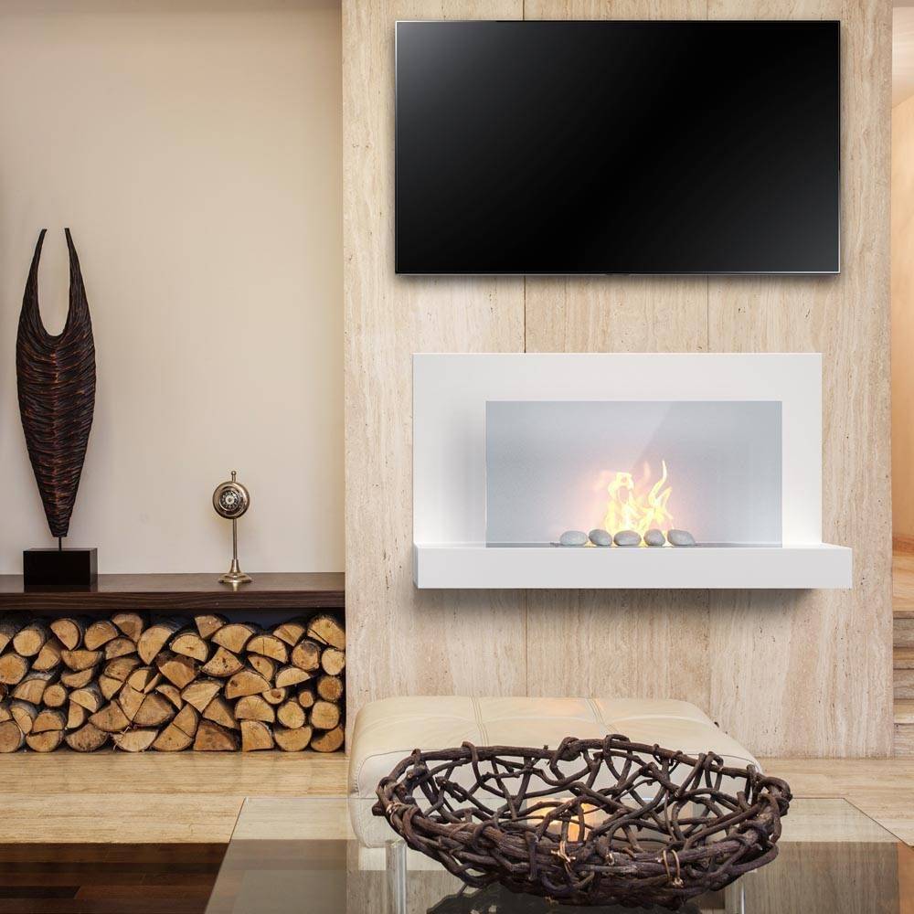 White wall-mounted fireplace placed under large TV