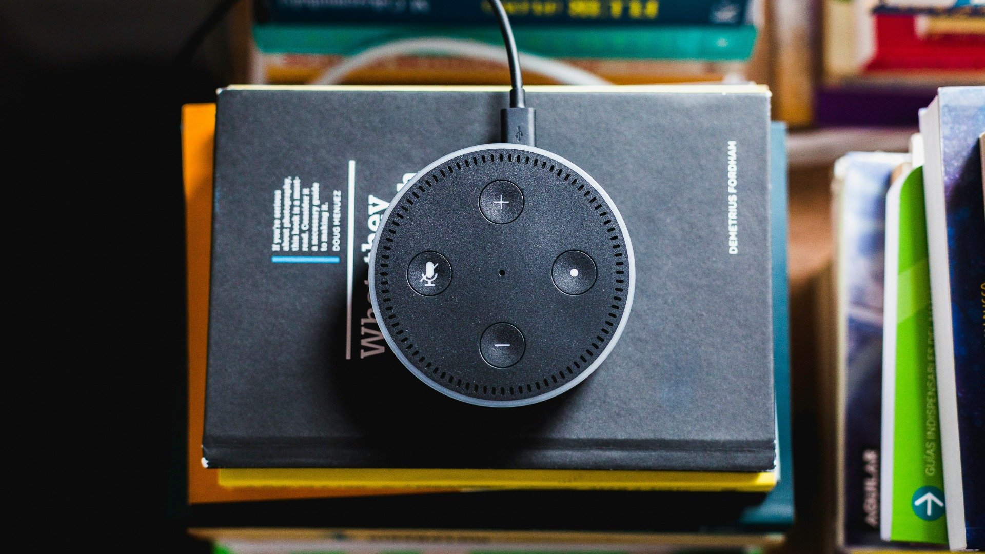 An amazon echo controller on some books