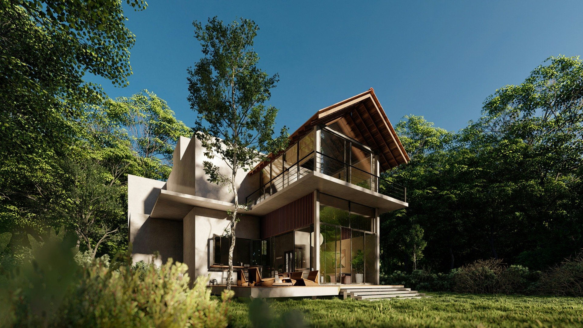 A large house in the middle of a green forest