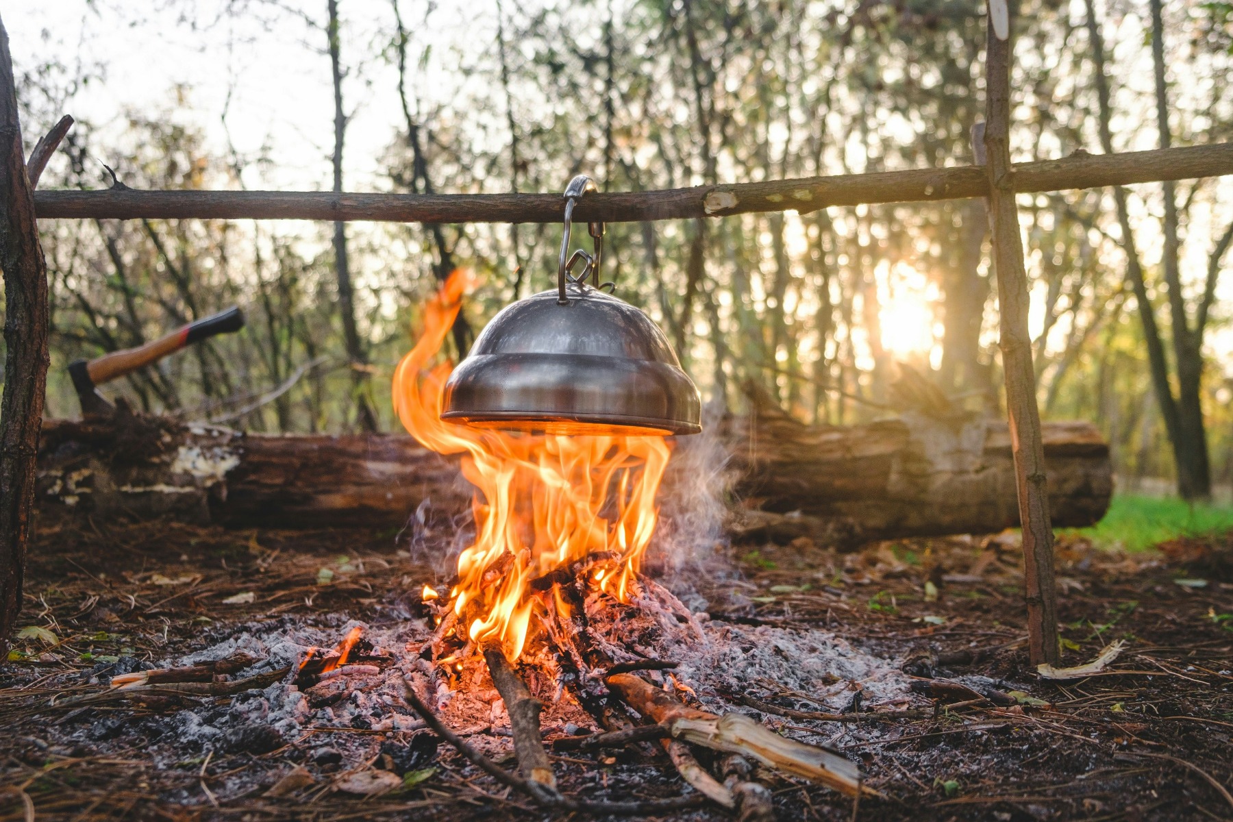 Fire burning in a forest with a metal pot on top