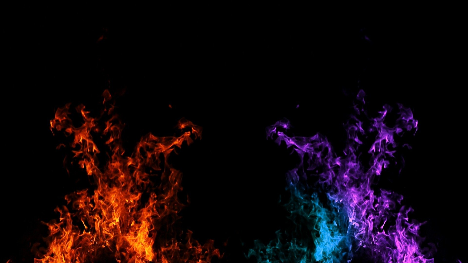 Fireplace flames that have been changed to orange, purple, and blue