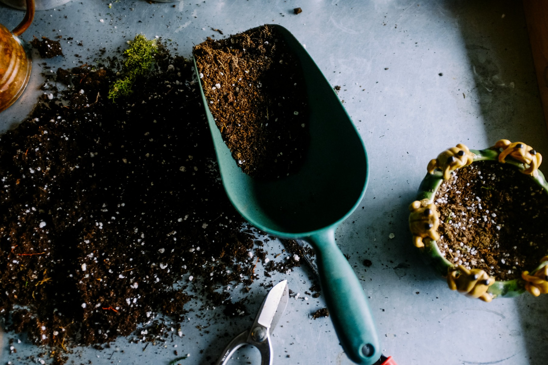 Small green shovel filled with brown soil