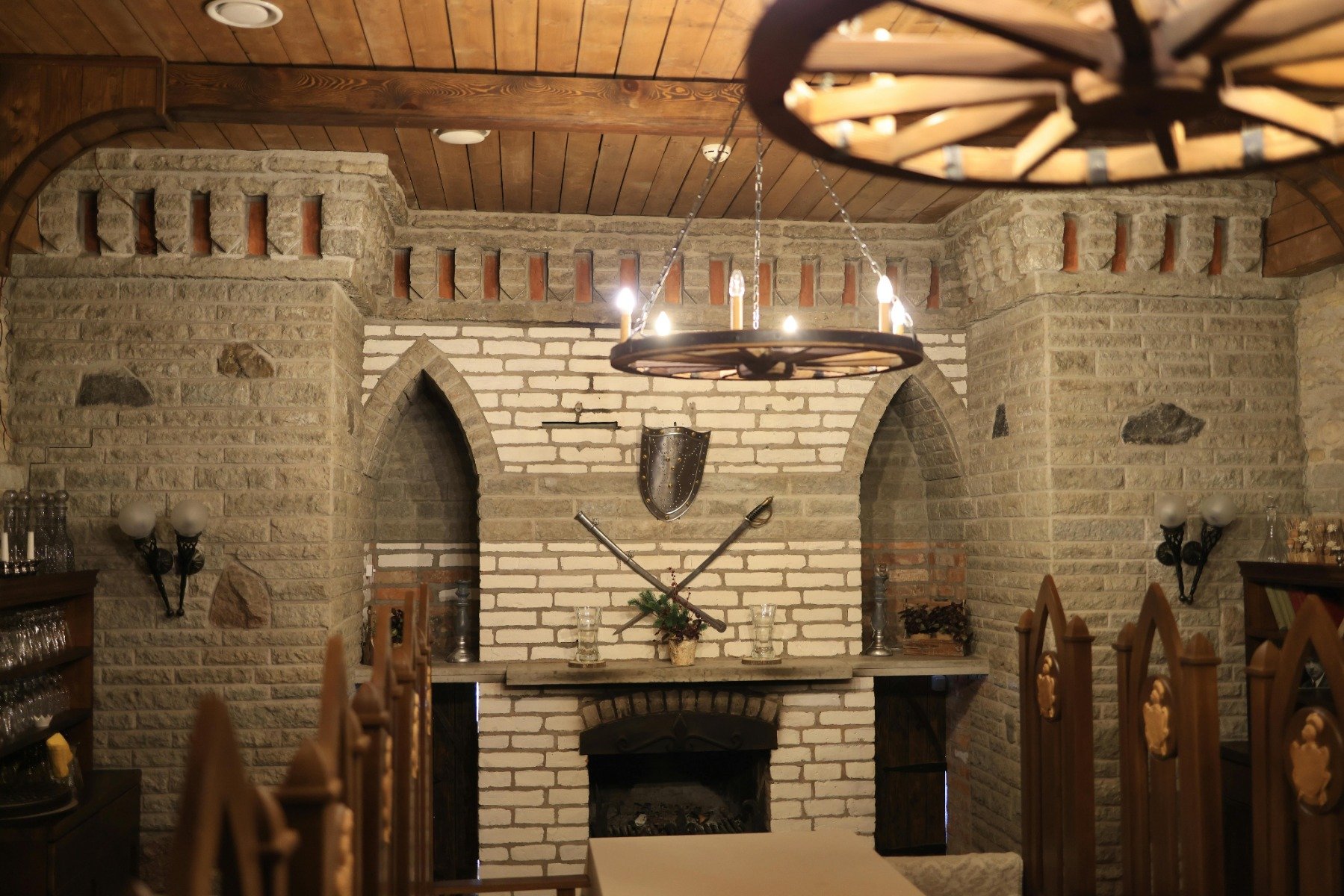 A fireplace in a medieval style room